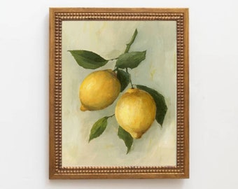 Small oil painting lemon Kitchen art prints Minimalist wall art Oil painting print Still Life painting Lemon branch art Fruit wall decor