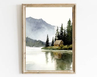 Forest cabin painting mountain lake print Canada landscape watercolor painting large minimalist wall art winter wall decor