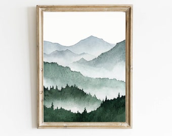 Mountain landscape watercolor painting pine forest art print foggy forest wall art evergreen trees prints misty mountains art