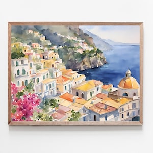 Positano Küsten Bilder Landschaft Aquarellbilder Kunstdruck Italien Poster Italienische Stadt Malerei Bugenvillia Blumen Bild