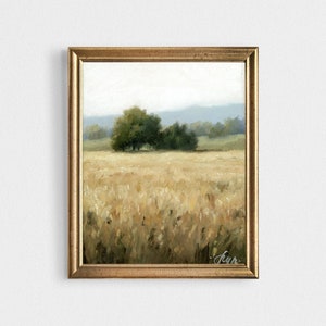 Oil painting landscape wheat field art print countryside painting farmhouse wall decor minimalist wall art beige blue