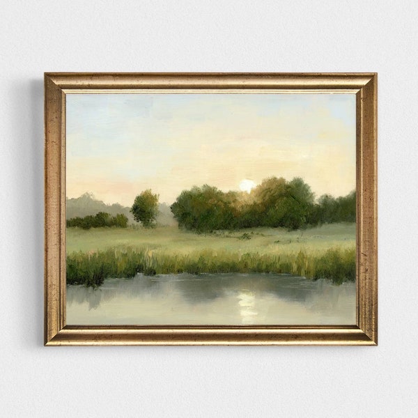 Sunset field oil painting print neutral countryside landscape small river wall art farmhouse wall decor