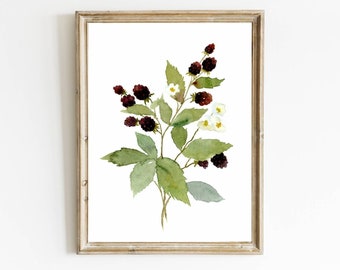 Blackberry watercolor painting bramble wall art kitchen wall decor garden art print