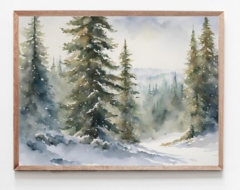 Winter Forest Wall Art Snowy Pine Tree Painting Snow Scene Landscape Watercolor Art Print Christmas Decor Blue Green Artwork