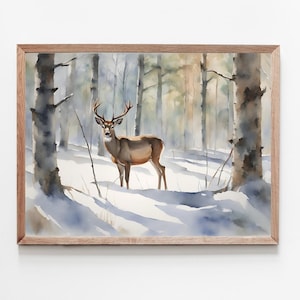 Inverno floresta paisagem aquarela imagens imprimir cervos em bétula floresta arte cartaz decoração de natal grande arte da parede azul claro bege