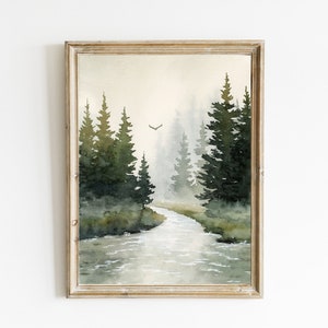 Forest river watercolor painting art print mountain painting large pine tree wall art rustic wall decor landscape beige gray green art