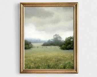 Oil painting landscape fine art print misty fields 12x16 country landscape flower meadow painting foggy fields print rainy clouds wall art