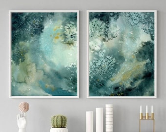 Set of 2 ocean wave prints watercolor painting dark ocean print large abstract wall art turquoise watercolor coastal wall decor