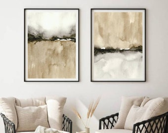Ensemble d'art abstrait de 2 tableaux gris beige salon aquarelle peinture art impression art moderne