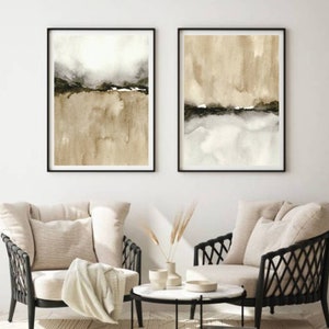 Ensemble d&#39;art abstrait de 2 tableaux gris beige salon aquarelle peinture art impression art moderne
