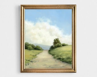 Oil painting landscape fine art print oil painting countryside field path wall art small meadow print 12x16 cloud painting minimal wall art