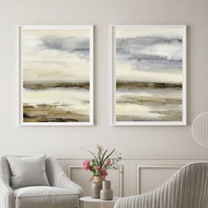 Abstrait paysage mer côte affiche XXL aquarelles impression ensemble de 2 tableaux salon bleu beige grand mur art art moderne