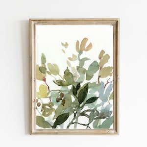 Large floral painting light blue sage green beige wall art watercolor painting print large abstract wall art botanical art prints