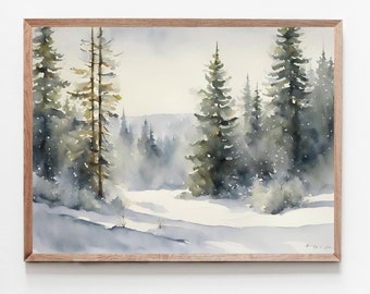 Snowy Pine Tree Forest Print Winter Landscape Watercolor Painting Christmas Decor Blue Green Art Print Winter Scene Artwork Large Wall Art