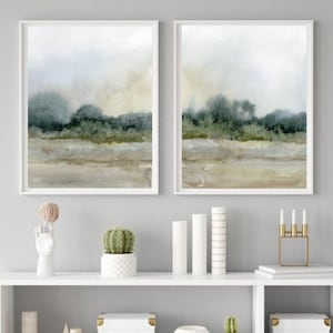 Landscape art prints Set of 2 Large Minimalist wall art blue beige Watercolor painting Evening fields Abstract landscape Sunset sky art