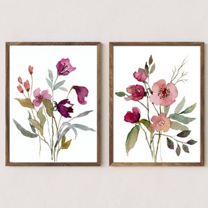 Large Floral Wall Art Set of 2 Wildflowers Watercolor Painting Pink ...