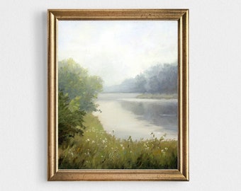 Oil painting misty lake fine art print 12x16 neutral landscape 8x10 oil painting lake wall art wildflowers art foggy landscape