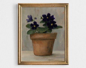 African violet Oil painting print Kitchen wall art Still life painting Minimalist wall art french country art terracotta pot flower art