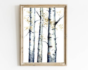 Aspen tree print, birch tree painting, blue aspen wall art, aspen forest art, watercolor aspen, watercolor print, autumn birches print