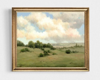 Oil painting landscape cloudy sky and land wall art countryside painting fine art print modern farmhouse wall decor