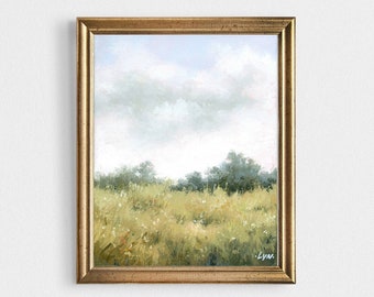 Small Oil painting landscape flower meadow art neutral art prints light blue beige art field cloud wall art 8x10 5x7 wildflowers poster