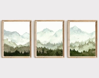 Mountain forest watercolor set of three prints extra large wall art neutral panoramic landscape mountain valley poster set