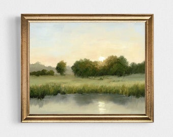 Sunset field oil painting print neutral countryside landscape small river wall art farmhouse wall decor