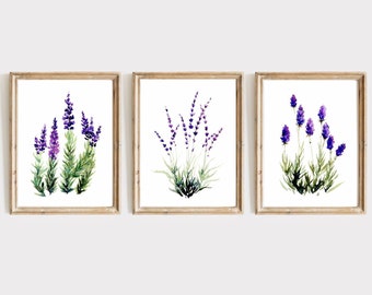 Aquarelle Peintures Lavande Ensemble de 3 Fleurs Aquarelle Images Salon Fleurs sauvages Peinture Maison de Campagne Affiche 3 pièces violet impression d’art moderne