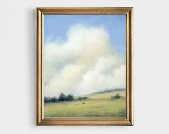 Oil painting clouds light blue sky landscape coutryside oil painting fields fine art print 12x16 8x10 small landscape farmhouse wall art