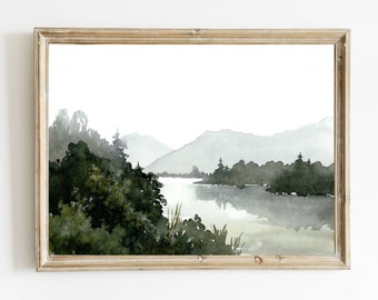 Foggy lake wall art mountain lake watercolor painting neutral green wall decor panoramic landscape misty morning lake art print