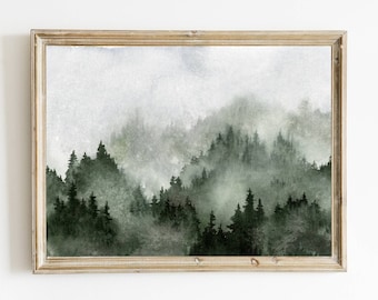 Large pine tree wall art misty forest print panoramic landscape teal forest watercolor painting neutral art print mountain forest poster
