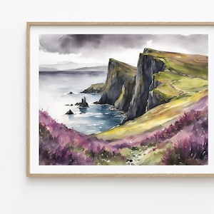 アイルランドの海岸の絵画、水彩画、海の景色、アイルランドの風景、ポスター写真、リビングルーム、モハーの断崖の写真、野生の花