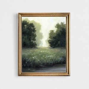 Sunrise Meadow Oil Painting Print Oak Tree River Landscape Minimalist Wall Art Countryside Wall Decor Tiny Wildflowers Artwork