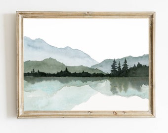 Watercolor painting mountain lake large minimalist wall art pine forest art print pine tree wall art light blue gray wall decor