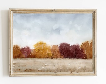 Autumn landscape painting fall tree print large wall art autumn forest watercolor painting fall landscape farmhouse wall decor