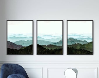 Watercolor painting forest set of 3 panoramic landscape large neutral wall art mountain valley art misty mountains prints wall decor