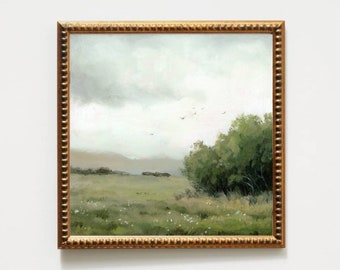 Small oil painting rainy day flower field print neutral landscape minimalist wall art rainy cloud painting fine art print