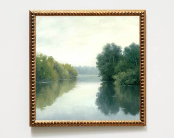 Oil painting landscape fine art print misty lake painting neutral green wall art oil painting print coutryside painting neutral landscape