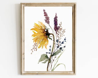 Sunflower watercolor painting large floral wall art meadow flowers art prints farmhouse wall decor wildflowers poster sunflowers painting