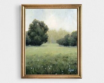 Oil Painting Print Oak Tree Flower Meadow Art Prints Neutral Green Wall Art Countryside Landscape Minimalist Art Farmhouse Decor
