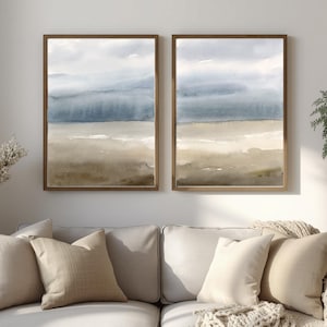 Conjunto de 2 pósteres de arte abstracto en tonos neutros azul y marrón, realizados con acuarela original.