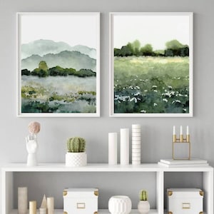 Wall art set of 2 prints countryside painting watercolor painting flower meadow wall art abstract landscape blue green