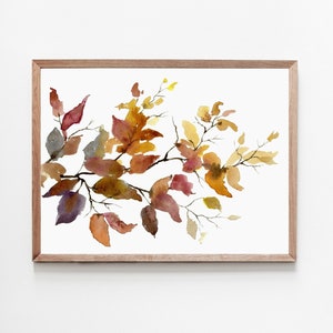 Herbst Poster Herbst Blätter Bilder Aquarell Druck moderne Kunst orange beige blau große Wandkunst horizontal Herbst Deko