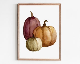 Cartel de calabaza impresión de acuarela imagen decoración de otoño imágenes de otoño arte impresión beige naranja púrpura pintura decoración de la pared de la cocina