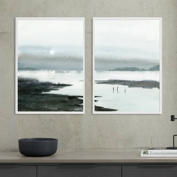 Seelandschaft Set von 2 Meer Aquarell Malerei Kunstdruck 2-er Set Bilder Wohnzimmer hell blau grau Wandkunst XXL Seeküste