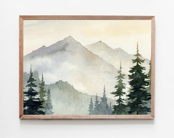 Sunrise mountain painting Pine tree art print from Original watercolor large wall art blue green forest prints