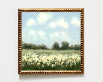 Oil painting landscape meadow painting flower field wall art neutral landscape farmhouse wall decor countryside art wildflowers poster