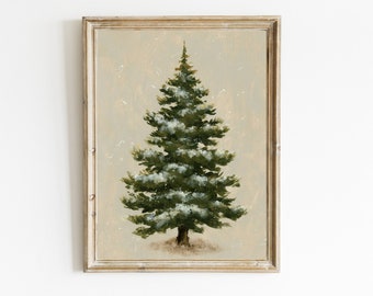 Christmas tree print pine tree wall art small oil painting print winter wall decor minimalist painting vintage style christmas decorations