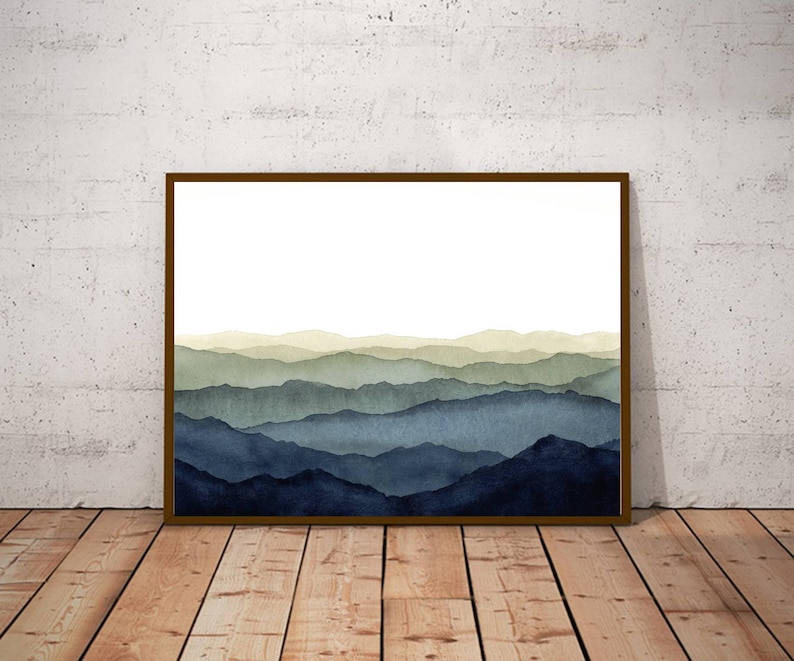 Minimalist Landscape Blue Mountains Wall Art Watercolor Painting Misty ...