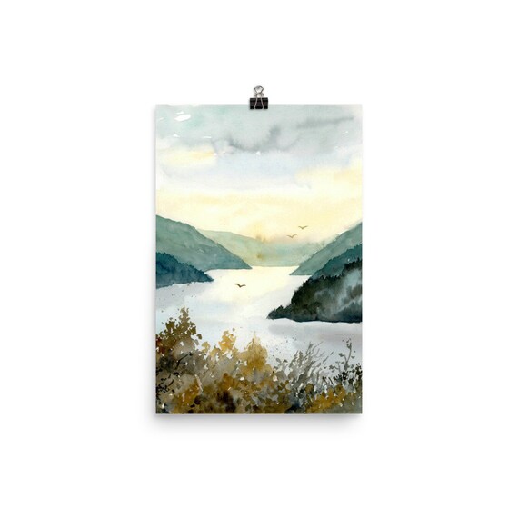 水彩画 雲と山の風景 サインあり 水彩風景抽象山湖絵画大水彩写真山アートプリント写真リビングルーム